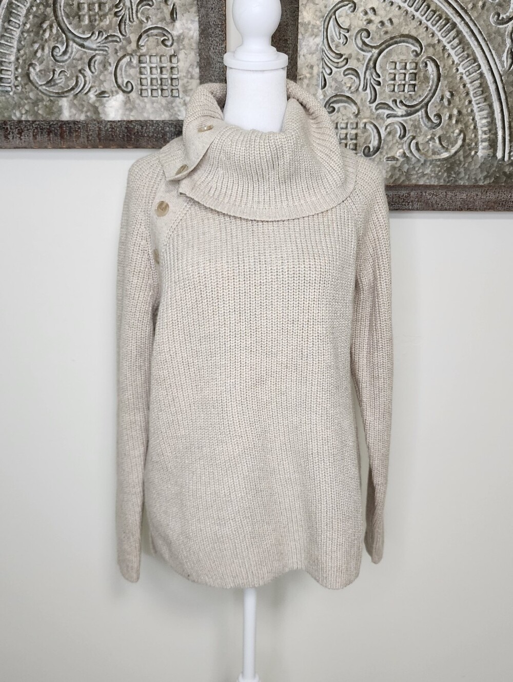 Haven Well Within Cream Cotton Cozy Knit Button-Shoulder Turtleneck Sweater Smal
